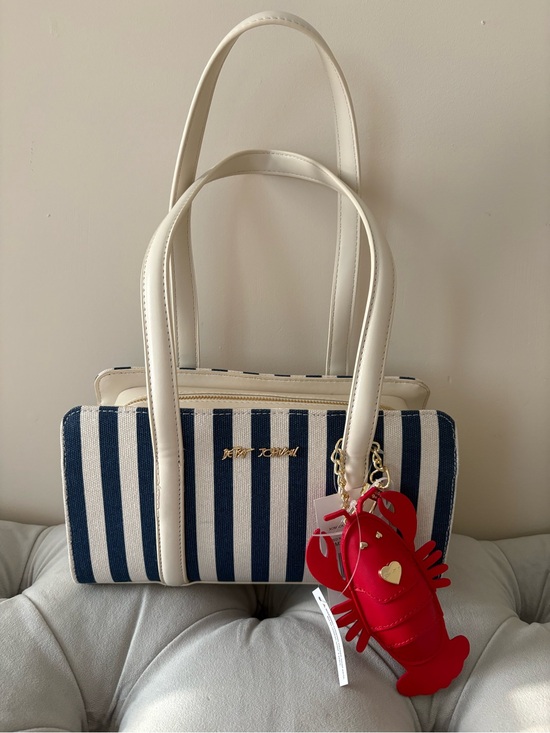 Betsey Johnson Handbags - Betsey Johnson Navy & Cream Striped Shoulder Bag with Red Lobster Charm